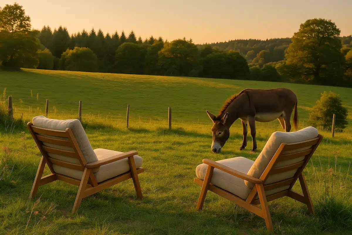 Deux chaises basses dans un jardin corrézien avec vue sur la campagne et un âne en fin de journée